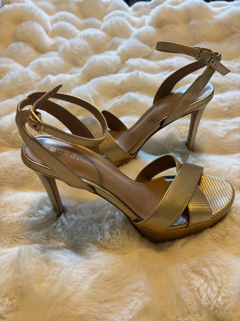 BCBGeneration Metallic Gold Crisscross Ankle-Strap Heels